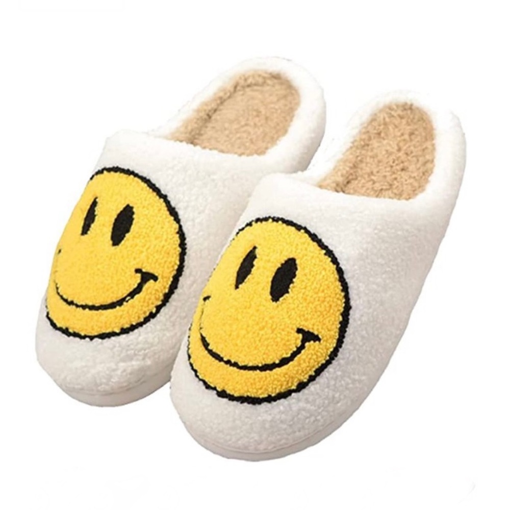 Yellow Fuzzy Smiley Face Slippers (womens 7.5/8.5)